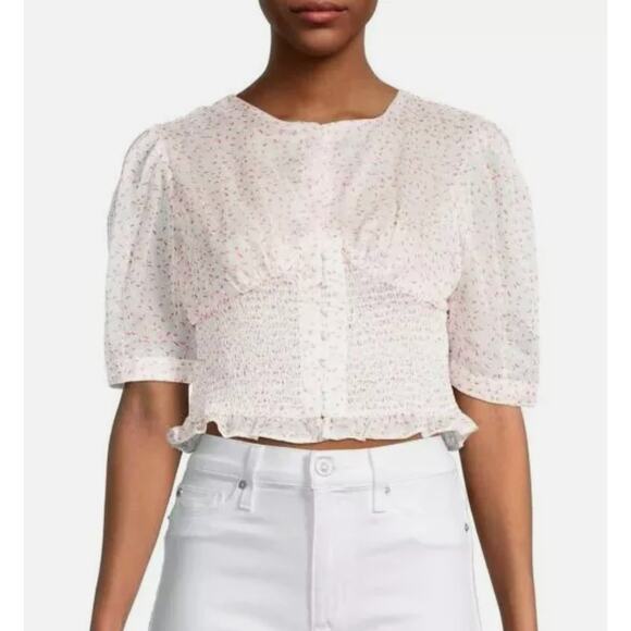 Avantlook Tops - Avantlook Hearts Pink Sheer Coquette Feminine O Neck Blouse Ruffled Details sz L